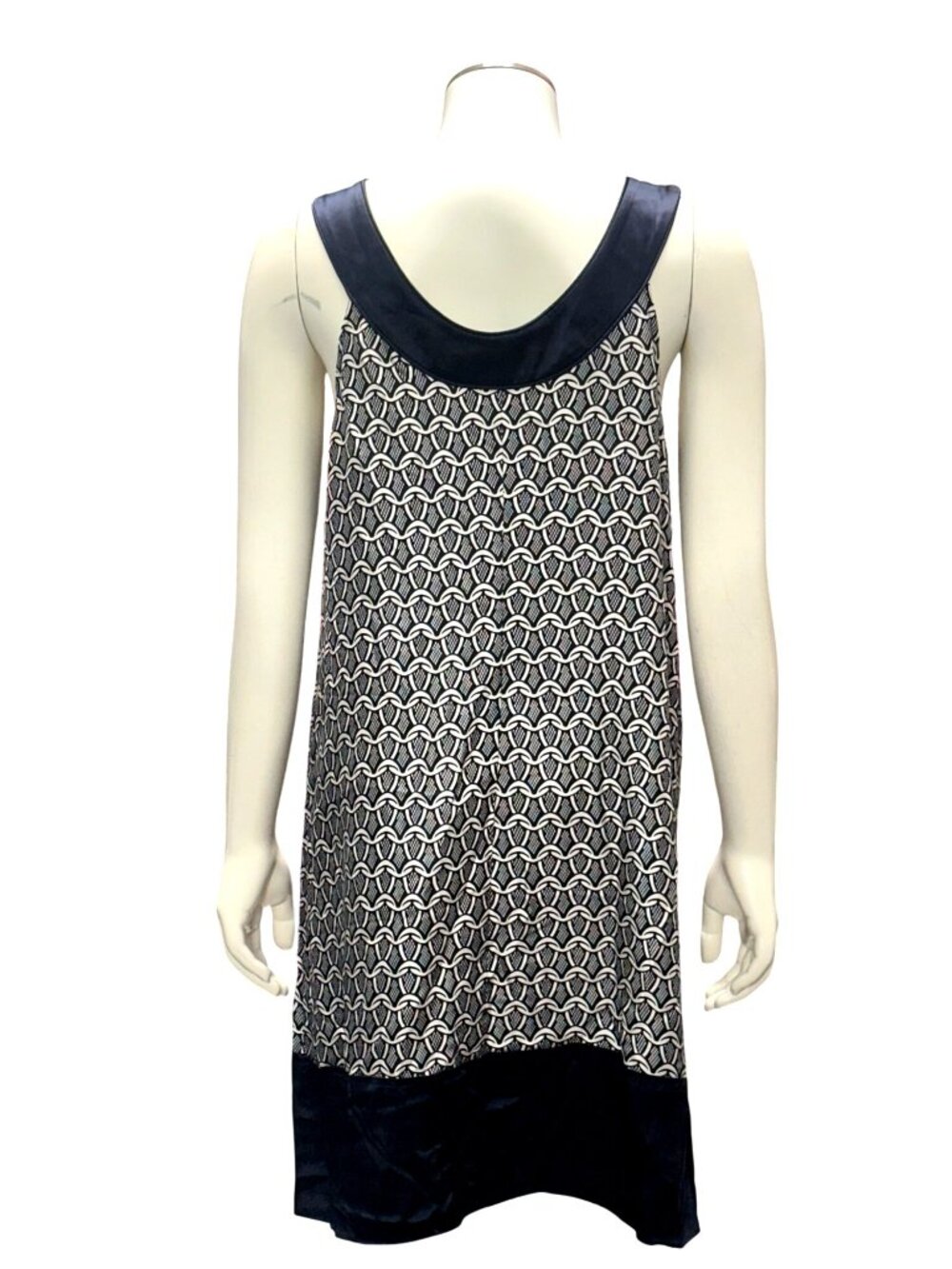 7 For All Mankind M Navy Ivory Silk Shift Dress Geometric Mod Glamcore City Chic - Picture 4 of 10